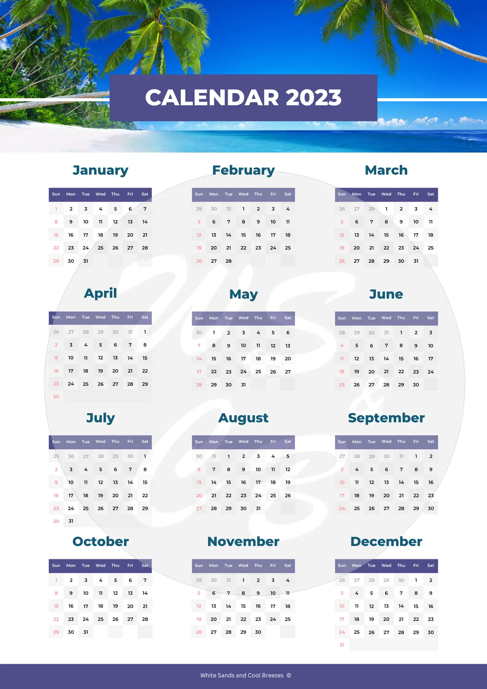 2023 Beach Calendar White Sands and Cool Breezes