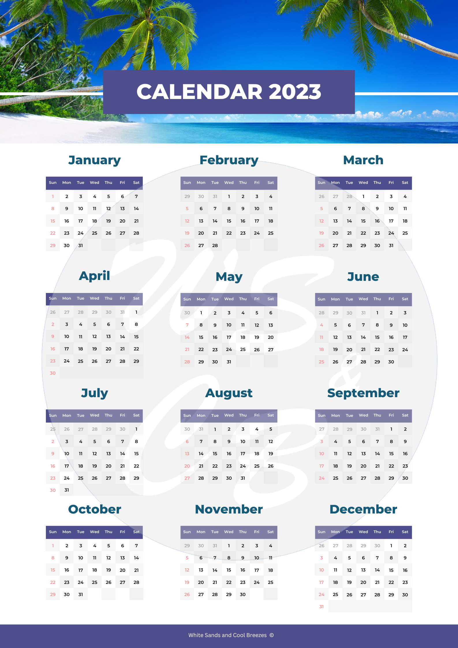 2023 Beach Calendar White Sands and Cool Breezes